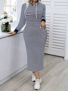 Calvaya Plus Size Women Striped Long Sleeve Hooded Drawstring Casual Sweatshirt Dress For Spring & Autumn Pullover Fall Outfit Winter - Blue - View 3