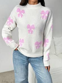 Chiquease Women's Bow Tie Pattern Mock Neck Long Sleeve Pullover Sweater, Knit Pullover Fall Winter - Black and White - View 6