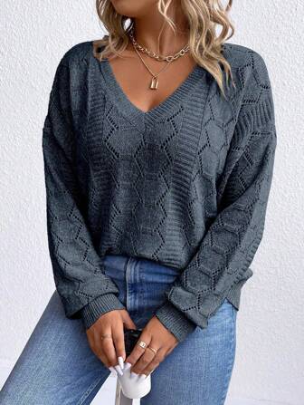 SHEIN CURVE+ Plus Size Dam V-ringad Drop Shoulder Långärmad ihålig lös tröja, för vintern Elegant tröjablå tröja kvinna tröja v halströja