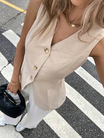 Serisse Women's Solid Color Single-Breasted V-Neck Casual Vest Shirt,Waist Tie At Back Vest,Business Casual Womenswear,Office Wear Women Top,Homecoming,Casual Vacation,Cotton Fall Women Clothes,Inner Shirt,Solid Button Front Vest,Bow Tie At Back Shirt