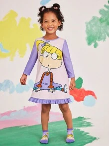 Nick 90s | SHEIN Young Girls Rugrats Cartoon Cute Little Girl Print Pink Purple Colorblock Contrast Color Processing Ruffle Hem Nightgown,Autumn/Winter - Mauve Purple - View 7