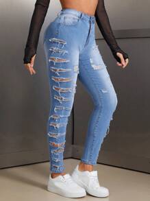 SHEIN SXY 女士破洞口袋紧身性感牛仔裤 - 藍色 - 查看 6