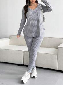 Calvaya Plus Size Casual Textured Stripe V-hals Top En Broek, Dagelijkse Vrijetijdskleding