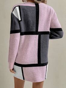 SHEIN LUNE V 领格子印花拼色长袖毛衣连衣裙 - 彩色 - 查看 2