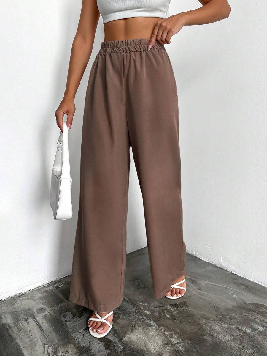 EURMUSE Pantalones de pierna ancha unicolor de cintura elástica - Beis - Ver 1