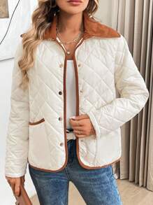 SHEIN LUNE Women's Autumn Winter White And Brown Hooded Padded Coat,Corduroy Collar Button Closure Color Blocking Quilted Diamond Pattern Casual Occasion Jacket - White - View 3