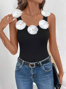 Calvaya Top de tirantes elegante y estilizado de verano para mujer con decoración floral 3D