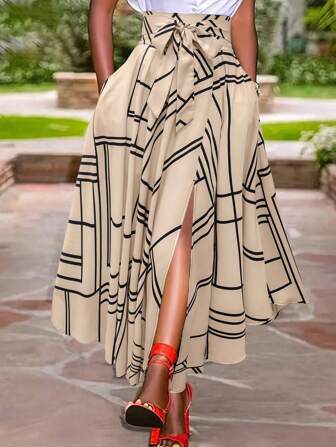 Kvinnor Front Tie Slit Pocket Kjol med geometriskt tryck