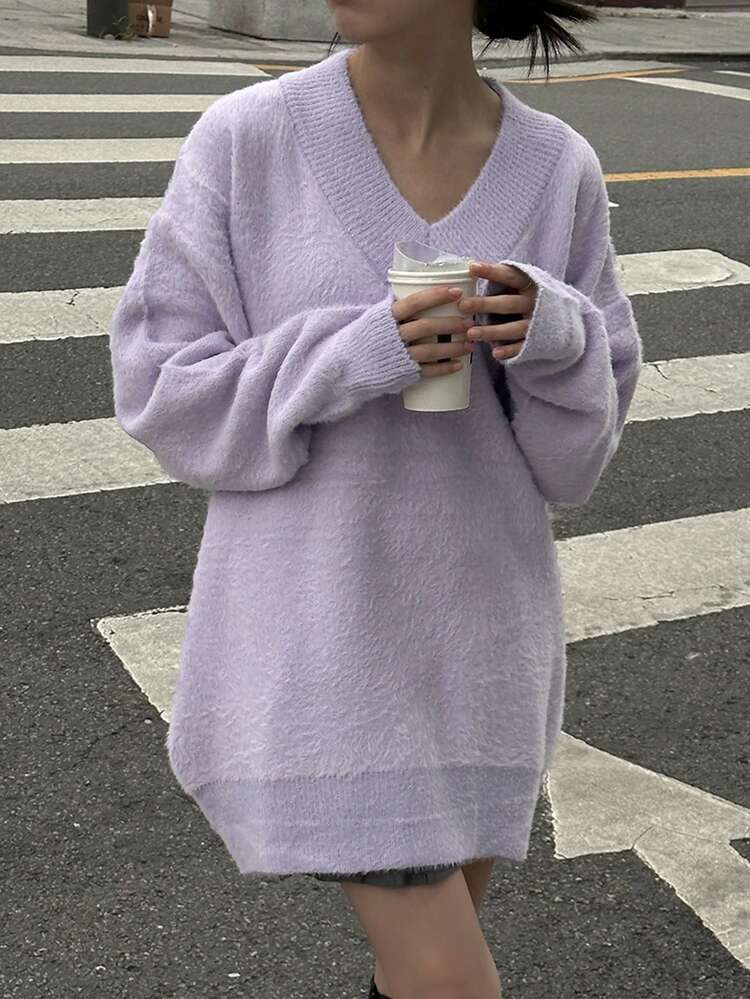 Women's V-Neck Loose Soft Purple Elegant Sweater,Fall Clothes