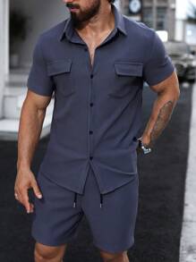 Manfinity Homme Men Solid Color Simple Daily Short-Sleeved Shirt Shorts Suit - Dark Grey - View 5