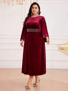Modelyn Burgundy Red Plus Size Women's Spring & Autumn Elegant Dress With Pearl Decor & Ruffle Sleeves Long Evening Dresses - Burgundy - View 5