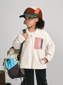 SHEIN Young Girls Color-Block Fluffy Brushed Fleece Letter Print Casual Jacket, Fashionable Street Style - Apricot - View 1