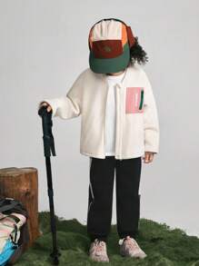 SHEIN Young Girls Color-Block Fluffy Brushed Fleece Letter Print Casual Jacket, Fashionable Street Style - Apricot - View 3