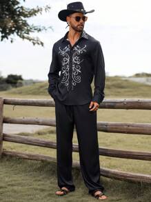 Manfinity RSRT 2pcs Men's Graphic Print Front Button Long Sleeve Shirt And Pocket Leisure Pants Vacation Suit Set , Western Cowboy Satin Vintage Floral Black Long Sleeve Shirt And Pants Set ,Men Two Pieces Outfits - Black - View 8
