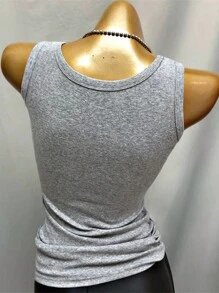INAWLY Áo ba lỗ cổ tròn nhún bèo màu trơn thường ngày cho nữ - Xám - Xem 3