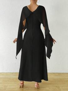 Chiquease Shiny Chiffon Collar Dress, Casual Daily - Black - View 2
