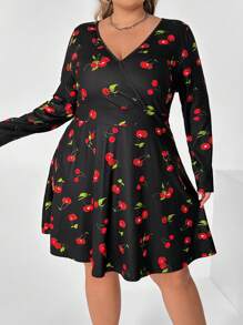 SHEIN CURVE+ Plus Size Women's Summer Garden Party Casual Cherry Blossom Print V-Neck Short Sleeve Dress With Loose A-Line Silhouette And Ruffle Hem