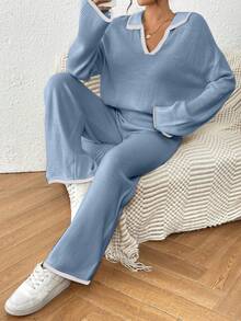 Joy Knit 女士休闲落肩宽松 V 领撞色绑带毛衣和宽松阔腿针织裤套装 - 淺藍色 - 查看 6