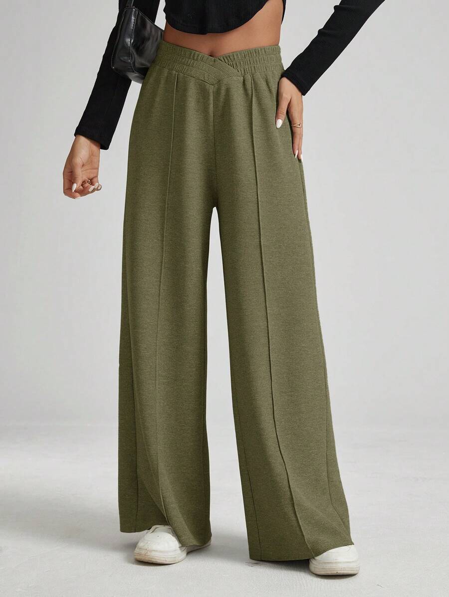 SHEIN Essnce 女士纯色不对称腰部阔腿宽松休闲裤 - 軍綠色 - 查看 1