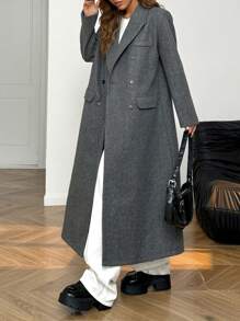SHEIN EZwear 1pc Women's Grey Woven Double-Breasted Long Sleeve Overcoat