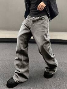 Manfinity Roghcode Men's Loose Straight Casual Denim Jeans With Pockets - Light Grey - View 4