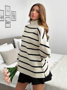 EURMUSE ÁO LEN SỌC CỔ CAO CÓ NÚT VÀNG CHO NỮ, THỜI TRANG THƯỜNG NGÀY VÀ THANH LỊCH - Màu be - Xem 6