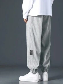 Manfinity Hypemode 男士纯色前系带标签休闲裤，日常穿着，秋冬，灯芯绒 - 淺灰色 - 查看 2