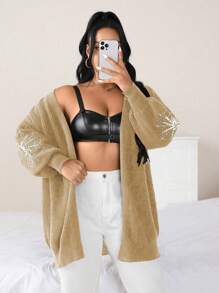 Flirla Plus Size Solid Color Long Sleeve Spider Web Pattern Minimalist Cardigan - Khaki - View 3