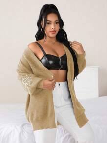 Flirla Plus Size Solid Color Long Sleeve Spider Web Pattern Minimalist Cardigan - Khaki - View 6