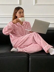 DAZY 两件套纯色纽扣前袋简约上衣和法兰绒加厚简约蓬松睡裤睡衣套装，秋冬保暖舒适 - 粉色 - 查看 7