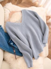SHEIN Frenchy Plus Size Light Blue V Neck Backless Sweater,Women's Smart Casual Everyday Elegant Long Sleeve Drawstring Hem Pullover Street Sweater Fall/Winter - Grey - View 3