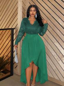 Slaydiva 大码黑色长袖撞色蕾丝不对称下摆连衣裙