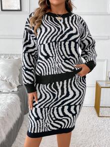 SHEIN Clasi 大码女式优雅斑马纹黑白套头毛衣和毛衣裙两件套适合秋季派对和通勤商务休闲女士、工作服、秋季婚礼宾客礼服， - 黑與白 - 查看 7
