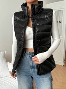 SHEIN EZwear Women's Solid Color Stand Collar Zip-Up Casual Down&Feathers Vest Jacket, Winter