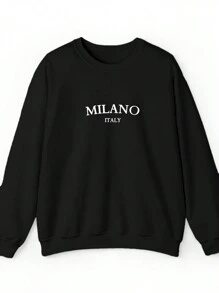 SHEIN EZwear Sudadera holgada de manga larga con cuello redondo para mujer, estampado con el patrón de impresión de Milán, Italia, de estilo minimalista y casual