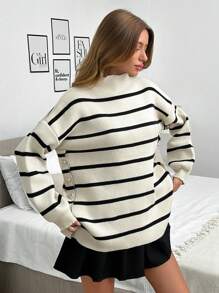 EURMUSE ÁO LEN SỌC CỔ CAO CÓ NÚT VÀNG CHO NỮ, THỜI TRANG THƯỜNG NGÀY VÀ THANH LỊCH - Màu be - Xem 3