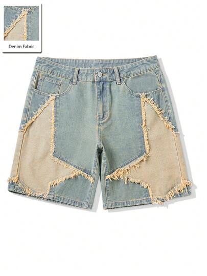 Street Life Men's Loose Fit Denim Shorts Jorts With Star-Shaped Patches And Insert Pockets, School