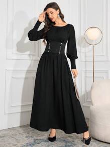 Modelyn Women's Solid Color Rhinestone Decor Crew Neck Long Sleeve Simple Casual Dress Long Evening Dresses