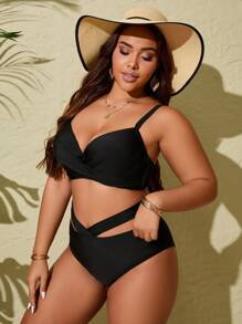 Plus Size Zomer Strand Effen Kleur Ondersteunende Spaghetti Bandjes Uitgehold Vakantie Bikini Set