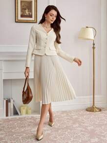 Vintamour 2pcs Vintage Elegant Women V-Neck Long Sleeve Top & A-Line Pleated Skirt Suit, Casual Office Wear Fall Women Clothes White Dress Long Sleeve Jacket Women Skirt Set Fall Women Skirts Homecoming Dress Thanksgiving Fall Two Pieces Sets Fall Skirts Christmas Women Clothes Winter Skirt Outfit Sets Winter Women Clothes Christmas Women Dress Fall Women Outfits Long Fall Dress Winter Women Jacket Women Fall Sets Winter Women Sets Fall Sets