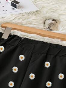 SHEIN LUNE 大尺碼女性雛菊印花寬腿寬鬆褲 - 黑色 - 查看 5