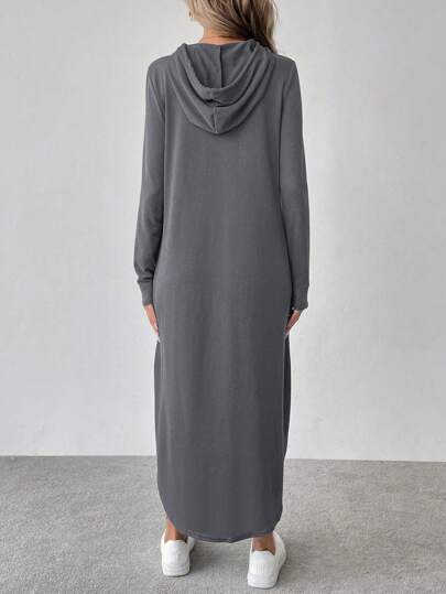 SHEIN LUNE Long Sleeve Simple Long Hooded Casual Dress, Daily Casual Maxi Women Outfit Fall Cloth For Women