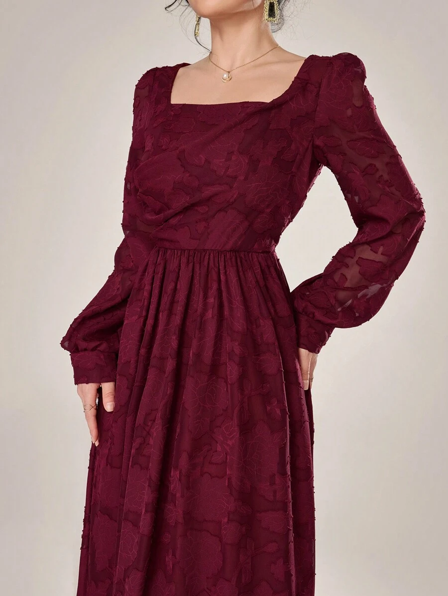 Modelyn 勃艮第红女士方领长袖褶皱长裙，休闲日常穿着 - 酒紅色 - 查看 1