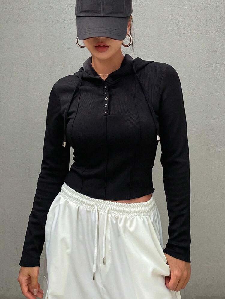 Women's Solid Hooded Front Button Long Sleeve Thermal Lined Tight Fit T-Shirt