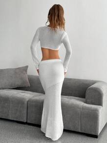 SHEIN Unity Bộ 2 chiếc áo len ngắn xoắn phía trước màu trơn cho nữ và chân váy dệt kim viền đuôi cá trang phục mùa đông thanh lịch - trắng - Xem 2