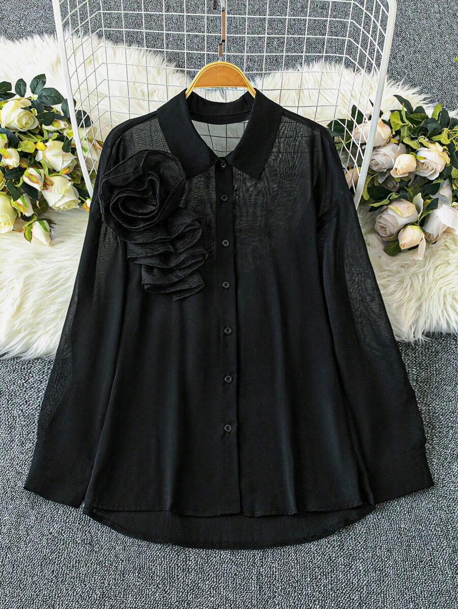 SHEIN Unity Áo sơ mi dài tay in hoa cỡ lớn giản dị cho nữ - màu đen - Xem 1