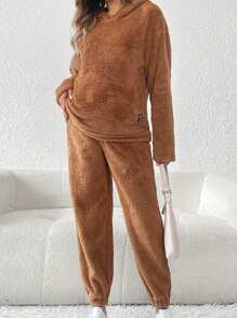 SHEIN Maternity Clothes 2pcs Maternity Solid Color Hoodie And Pants Set For Casual Everyday Wear - Camel - View 3