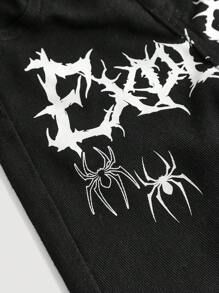 SHEIN 男婴酷炫可爱白色蜘蛛网和蜘蛛印花宽松黑色牛仔裤，适合男婴万圣节和日常服装 - 黑色 - 查看 4