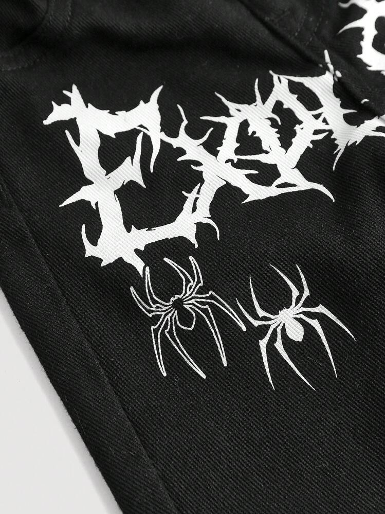 SHEIN Pantalones vaqueros negros de corte holgado con estampado de tela de araña y araña blanca, para bebés niños, ropa de Halloween y diaria - Negro - Añade 4