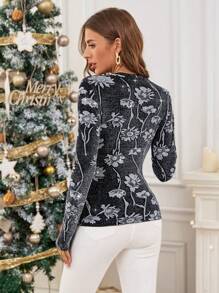 SHEIN Essnce Women's Floral Print Crew Neck Long Sleeve Fitted Fashion T-Shirt, Spring Autumn Fall Clothes Party  Top